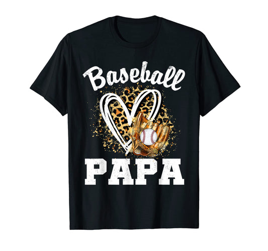 Baseball Papa Leopard Heart Dad Daddy T-Shirt - Novelty Apparel for Adults - T-Shirt, Sweatshirt, Hoodie