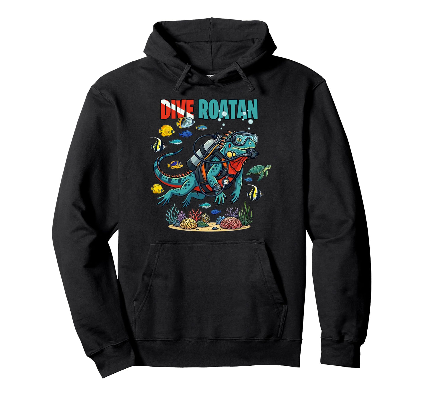 Dive Roatan Iguana Scuba Diving Hoodie - Fun Novelty Design Men Women - T-Shirt, Sweatshirt, Hoodie