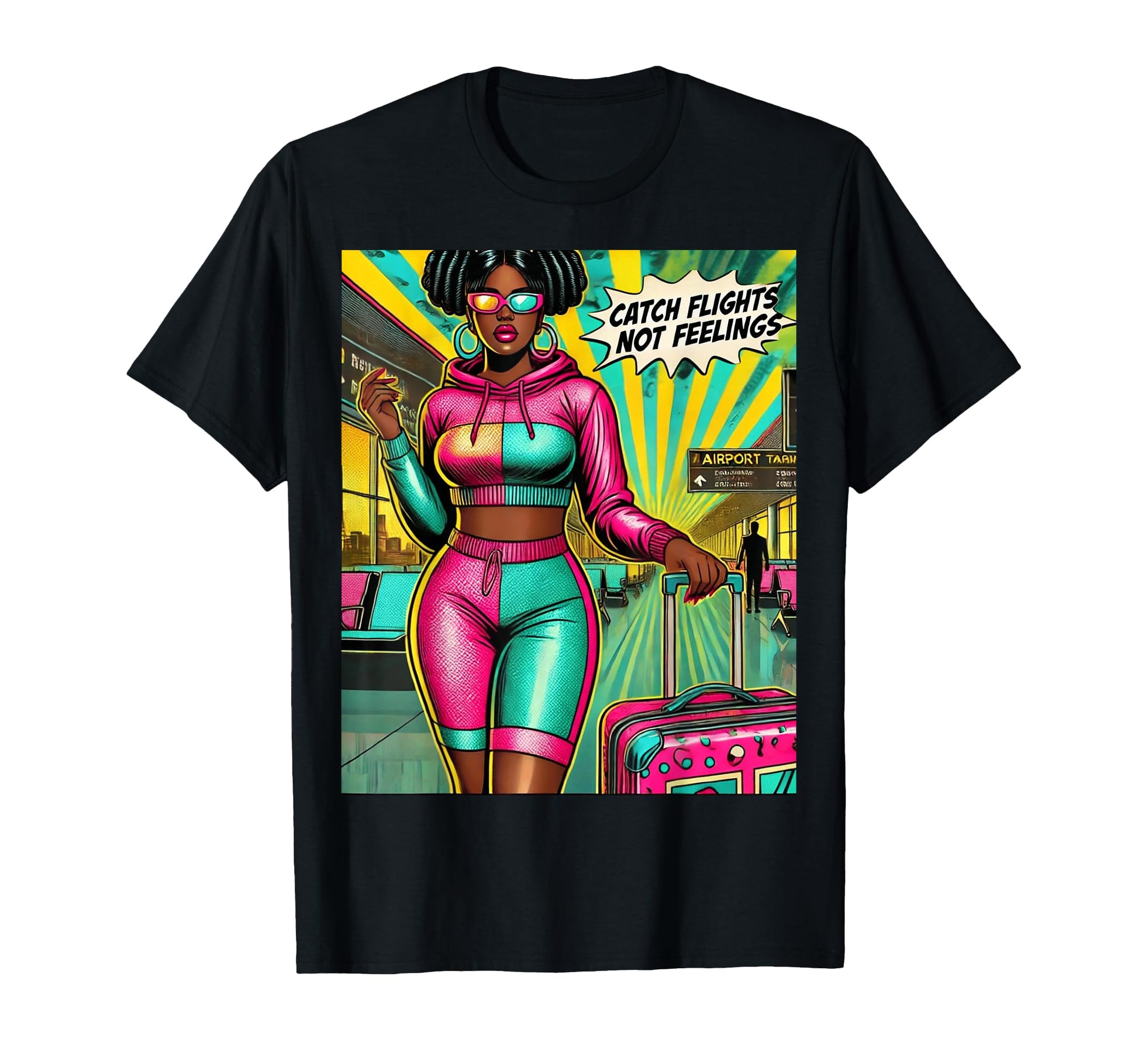 Pop Art Melanin Afro Catch Flights T-Shirt - Aesthetic Graphic for Adults - T-Shirt, Sweatshirt, Hoodie