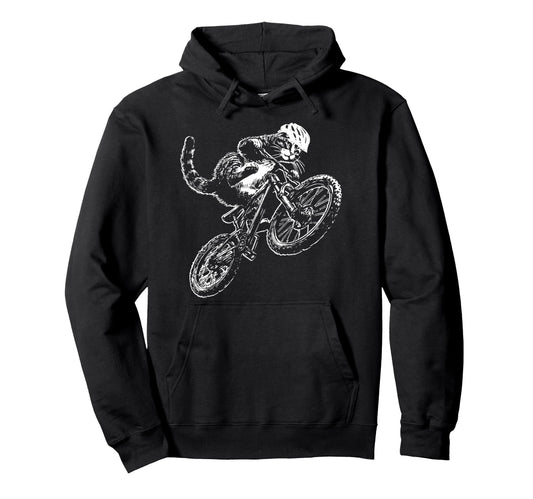 Cat Riding Bicycle Helmet Mountain Hoodie - Casual Everyday Wear Unisex - T-Shirt, Sweatshirt, Hoodie