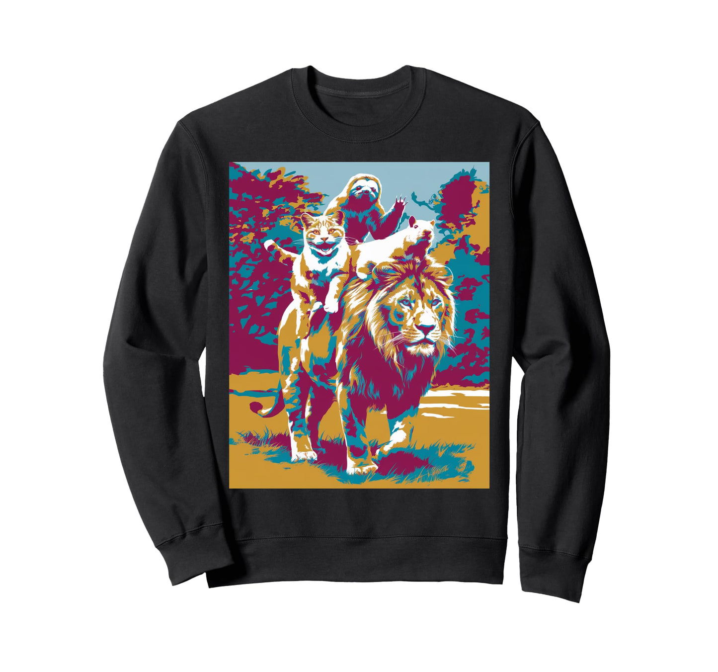 Pop Art Sloth Capybara Cat Riding Lion Sweatshirt - Unique Graphic Unisex - T-Shirt, Sweatshirt, Hoodie