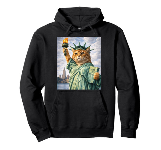 Cat Statue Liberty Funny Freedom Hoodie - Casual Everyday Wear Men Women - T-Shirt, Sweatshirt, Hoodie