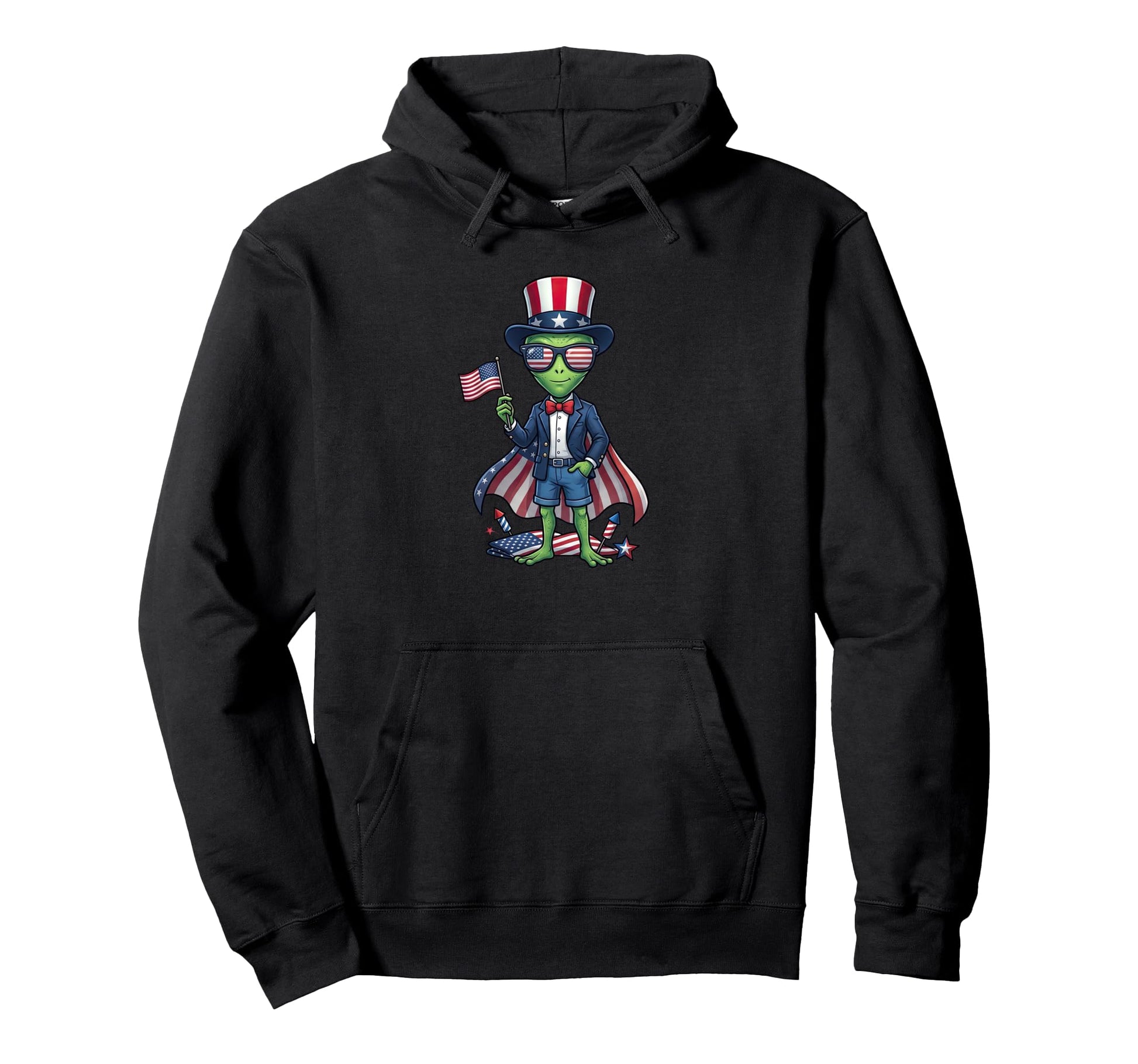 Funny Alien American Usa Flag Memorial Hoodie - Unique Graphic for Adults - T-Shirt, Sweatshirt, Hoodie