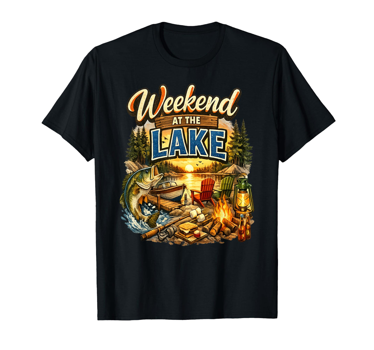 Weekend Lake Sunset Fishing T-Shirt - Casual Everyday Wear Men Women - T-Shirt, Sweatshirt, Hoodie