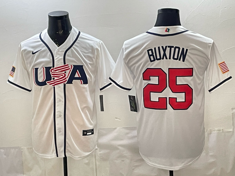 Men's USA Baseball Byron Buxton #25 White 2026 World Baseball Classic Stadium Jersey baseball jersey product view 1