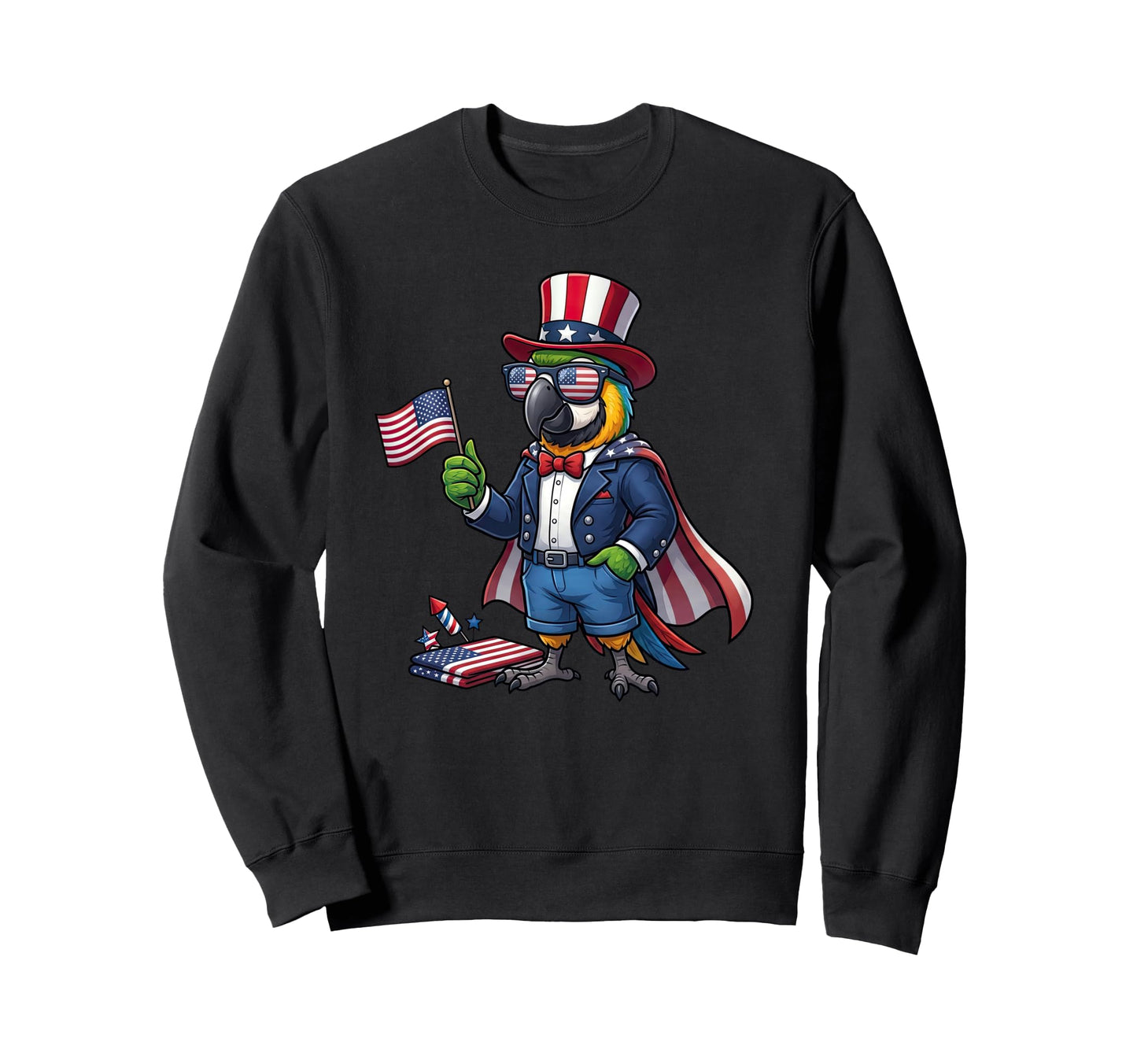 Funny Parrot American Usa Flag Memorial Sweatshirt - Graphic Print Unisex - T-Shirt, Sweatshirt, Hoodie