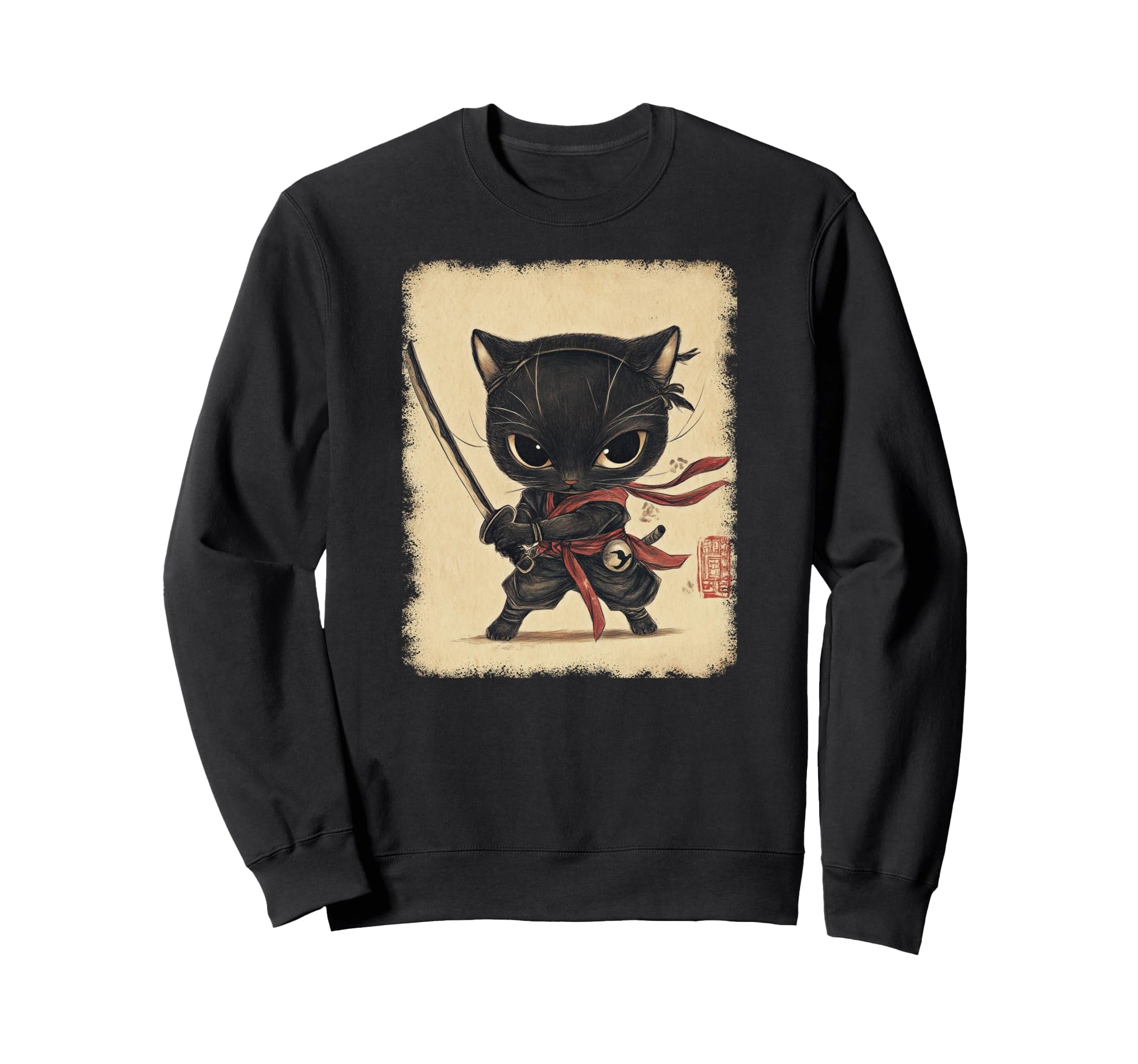 Japanese Samurai Kitten Kawaii Ninja Sweatshirt - Unique Graphic Men Women - T-Shirt, Sweatshirt, Hoodie