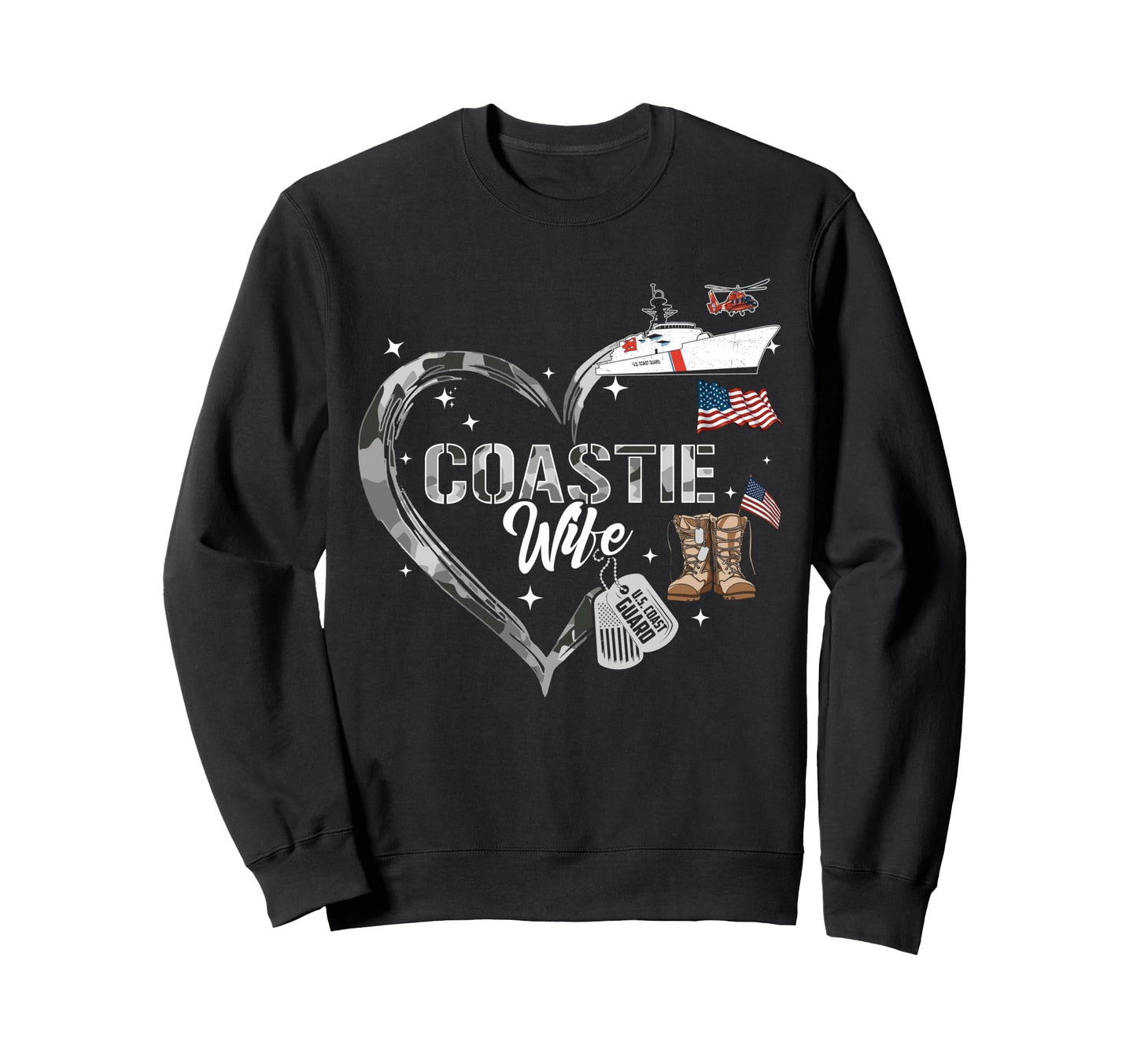 Proud Coastie Wife Camo Heart Coast Sweatshirt - Graphic Print Unisex - T-Shirt, Sweatshirt, Hoodie