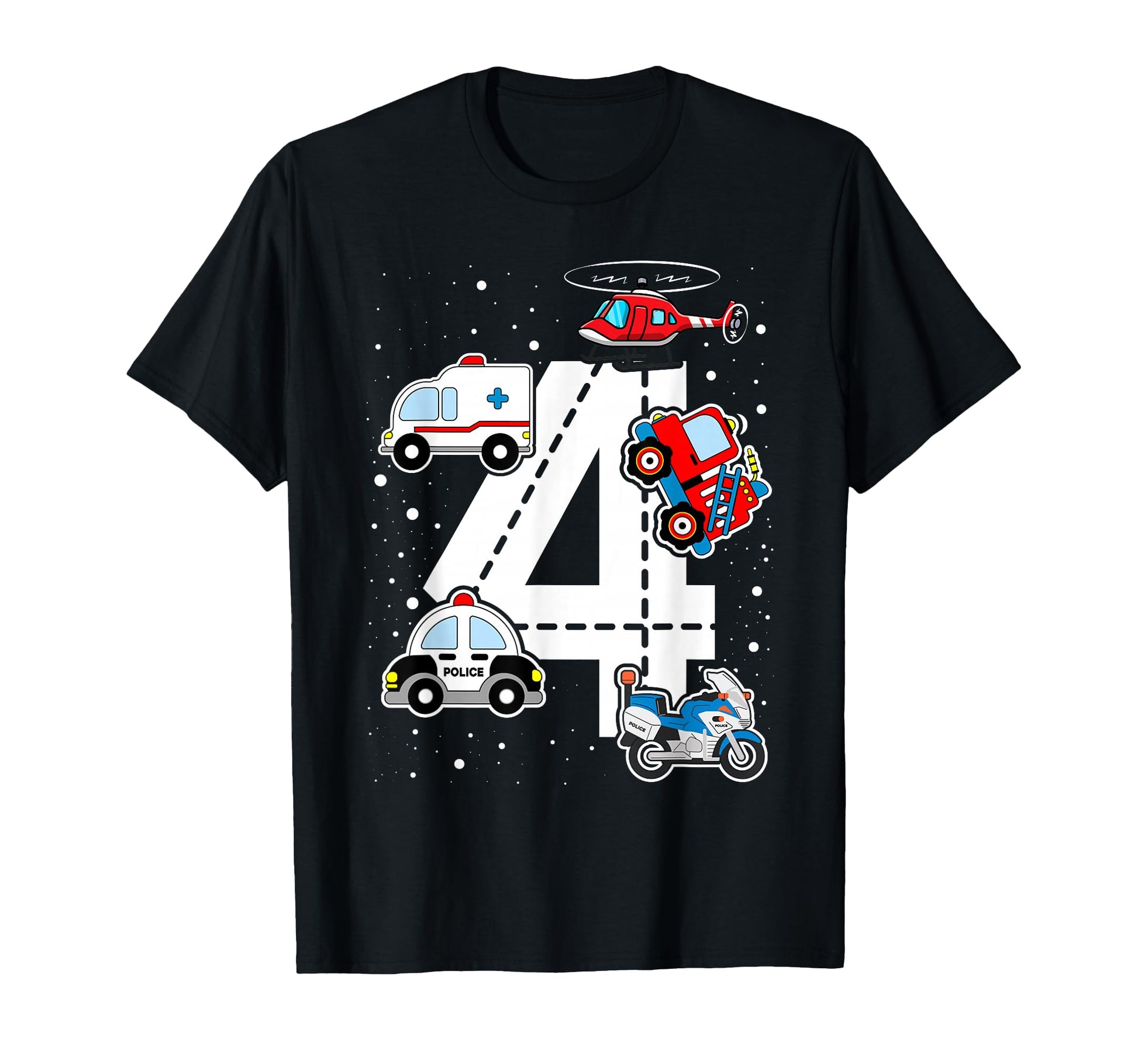 Emergency Vehicles 4Th Birthday Fire T-Shirt - Graphic Print for Adults - T-Shirt, Sweatshirt, Hoodie