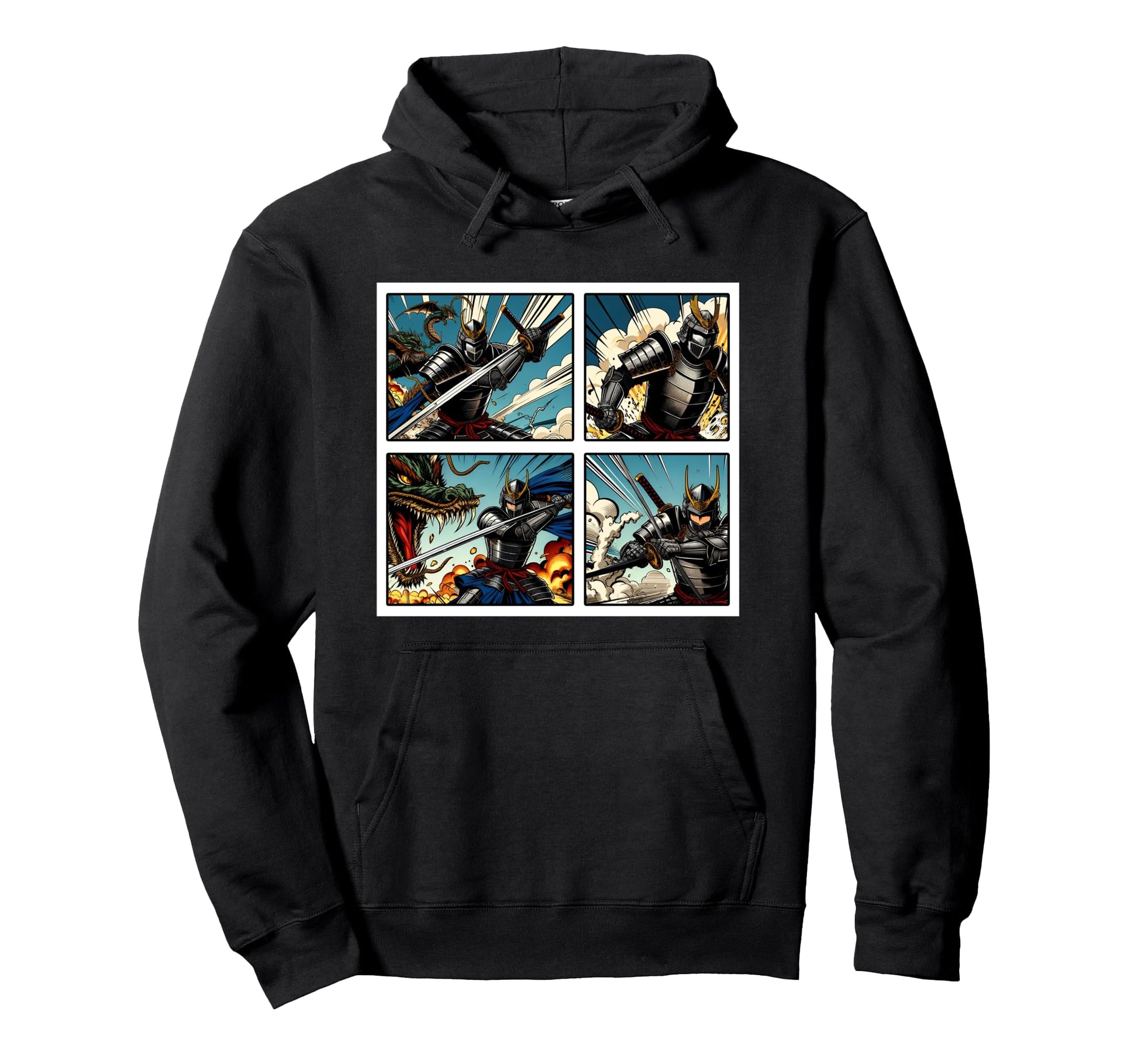 Japanese Fighters Battling Dragon Anime Hoodie - Trendy Graphic Men Women - T-Shirt, Sweatshirt, Hoodie
