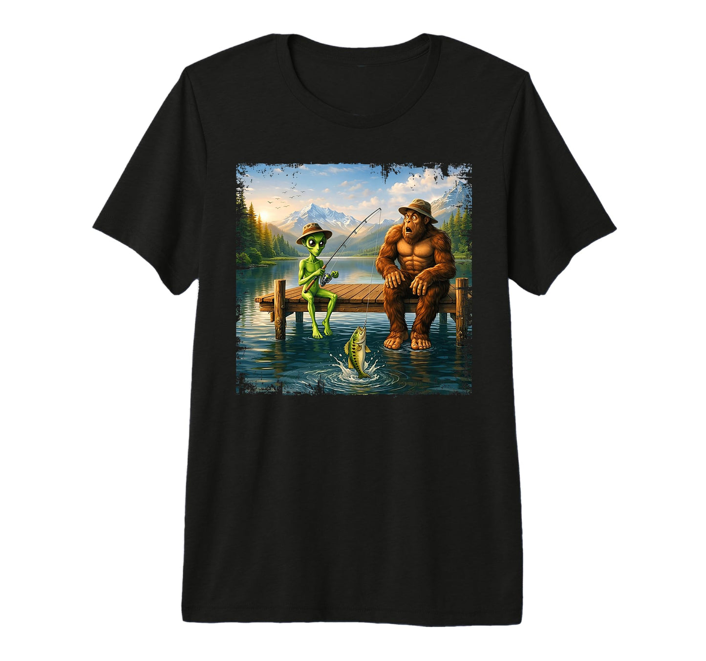 Bigfoot Alien Bass Fishing Funny T-Shirt - Aesthetic Graphic Men Women - T-Shirt, Sweatshirt, Hoodie