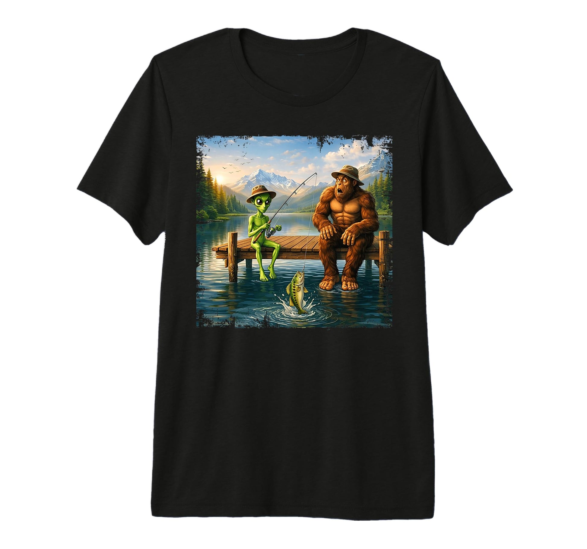 Bigfoot Alien Bass Fishing Funny T-Shirt - Aesthetic Graphic Men Women - T-Shirt, Sweatshirt, Hoodie