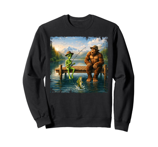 Bigfoot Alien Bass Fishing Funny Sweatshirt - Graphic Print Men Women - T-Shirt, Sweatshirt, Hoodie