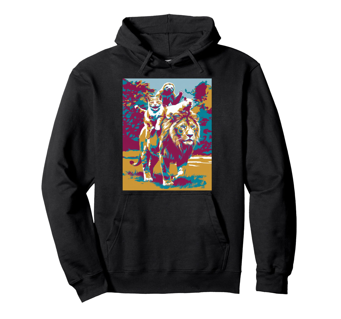 Pop Art Sloth Capybara Cat Riding Lion Hoodie - Streetwear Style Men Women - T-Shirt, Sweatshirt, Hoodie