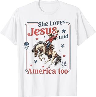 She Loves Jesus & America Too Christian 4th of July Cowgirl T-Shirt Unisex T-shirt, Sweatshirt, Hoodie, Long Sleeve Tee - T-Shirt, Sweatshirt, Hoodie