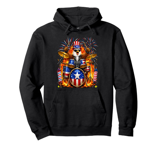 4Th July Eagle Playing Drum Instrument Hoodie - Trendy Graphic Men Women - T-Shirt, Sweatshirt, Hoodie
