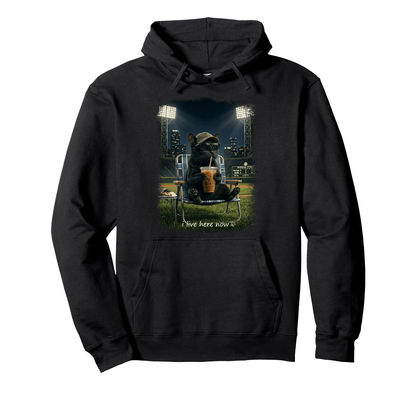 Funny Cat Black Ballfield Baseball Field Hoodie - Trendy Graphic Men Women - T-Shirt, Sweatshirt, Hoodie
