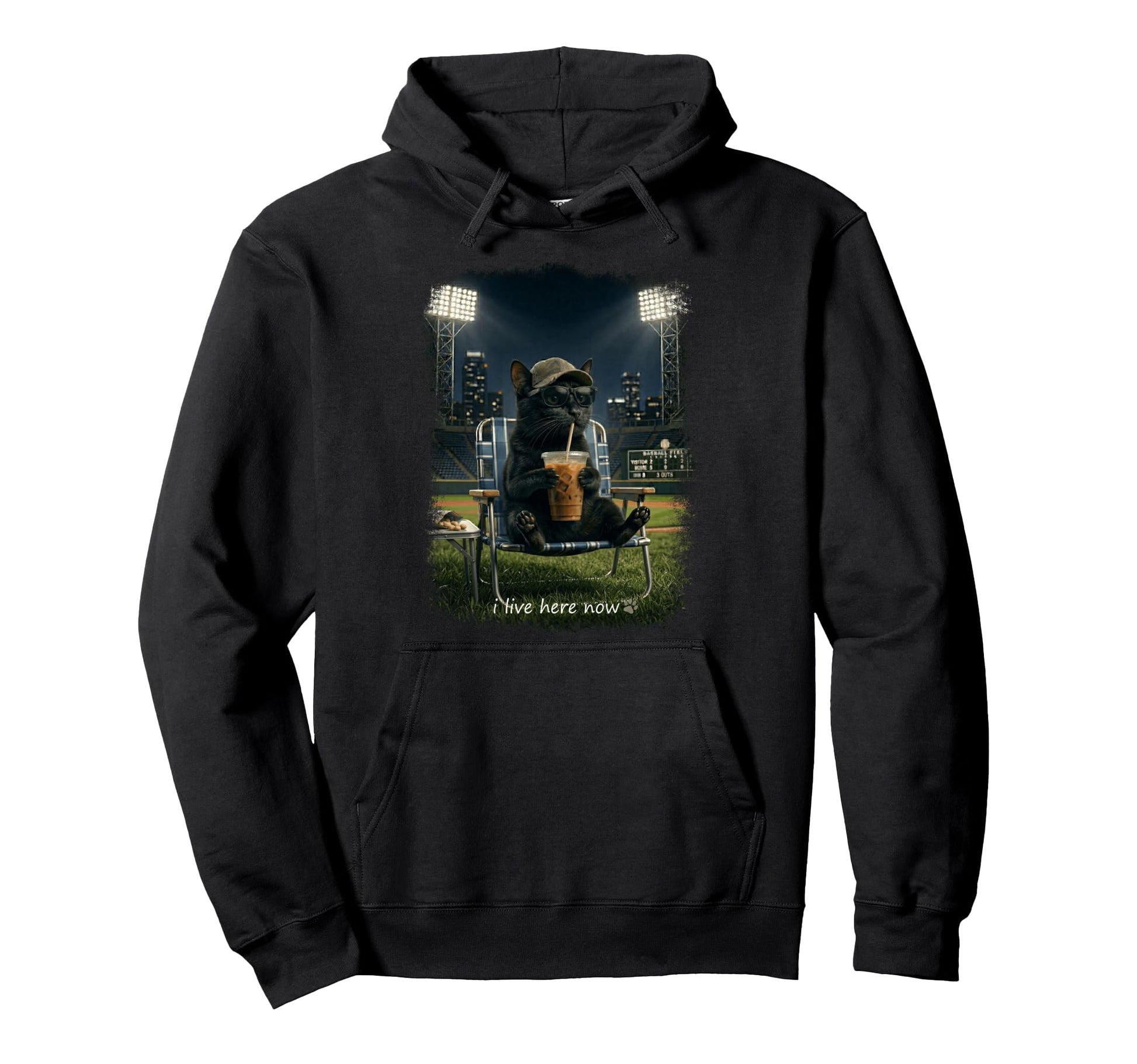 Funny Cat Black Ballfield Baseball Field Hoodie - Trendy Graphic Men Women - T-Shirt, Sweatshirt, Hoodie
