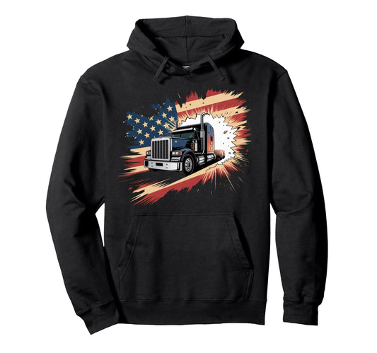 American Flag Trucker Dad Big Rig Trailer Hoodie - Novelty Apparel Unisex - T-Shirt, Sweatshirt, Hoodie