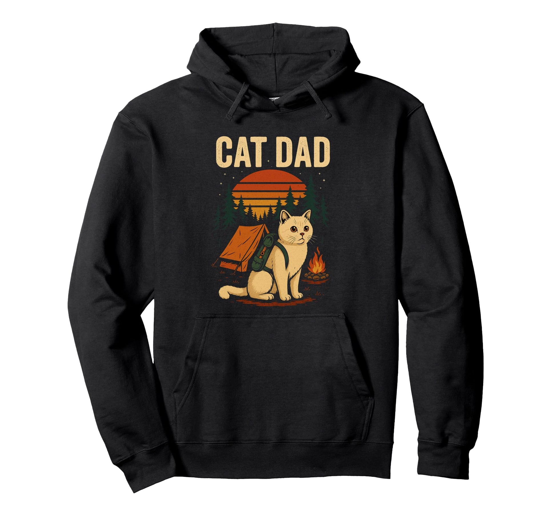 British Shorthair Cat Dad Camping Sunset Hoodie - Unique Graphic Unisex - T-Shirt, Sweatshirt, Hoodie