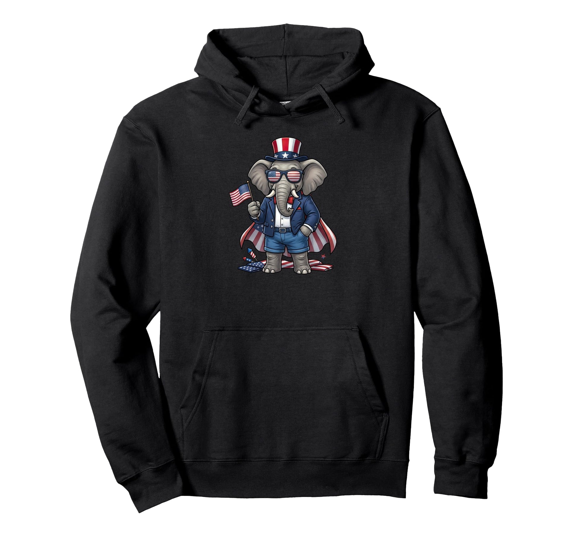 Funny Elephant American Usa Flag Memorial Hoodie - Trendy Graphic Unisex - T-Shirt, Sweatshirt, Hoodie