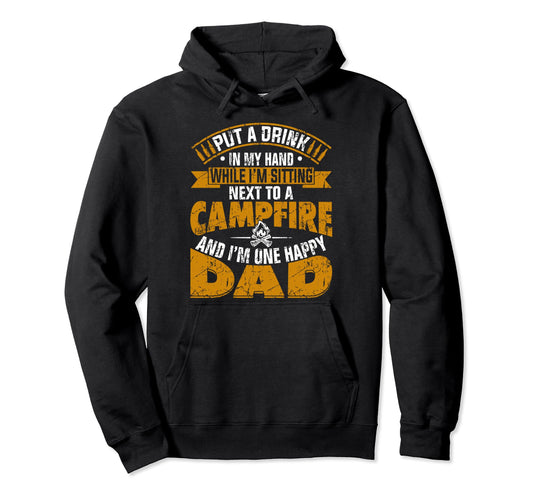 Campfire And Drink Hand Happy Camping Dad Hoodie - Graphic Print for Adults - T-Shirt, Sweatshirt, Hoodie