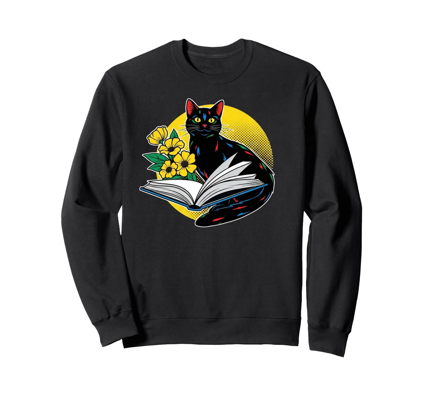Black Cat Book And Flowers Pop Art Sweatshirt - Casual Everyday Wear Unisex - T-Shirt, Sweatshirt, Hoodie