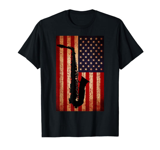 American Flag Saxophone Funny Sax Music T-Shirt - Minimalist Print Unisex - T-Shirt, Sweatshirt, Hoodie