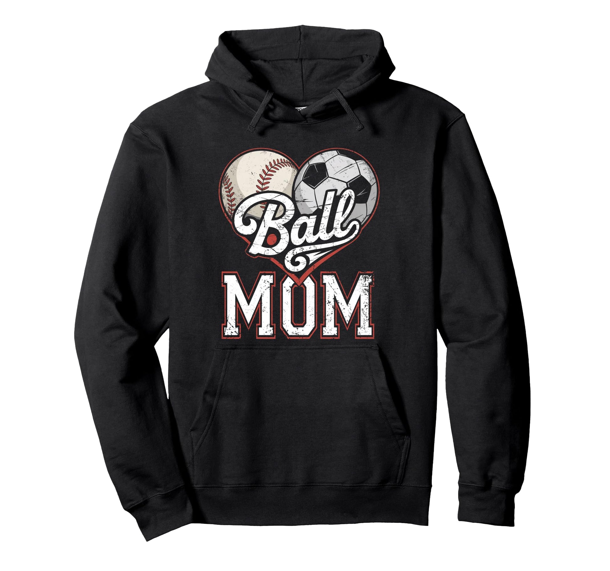 Ball Mom Baseball Soccer Heart Mommy Hoodie - Aesthetic Graphic for Adults - T-Shirt, Sweatshirt, Hoodie