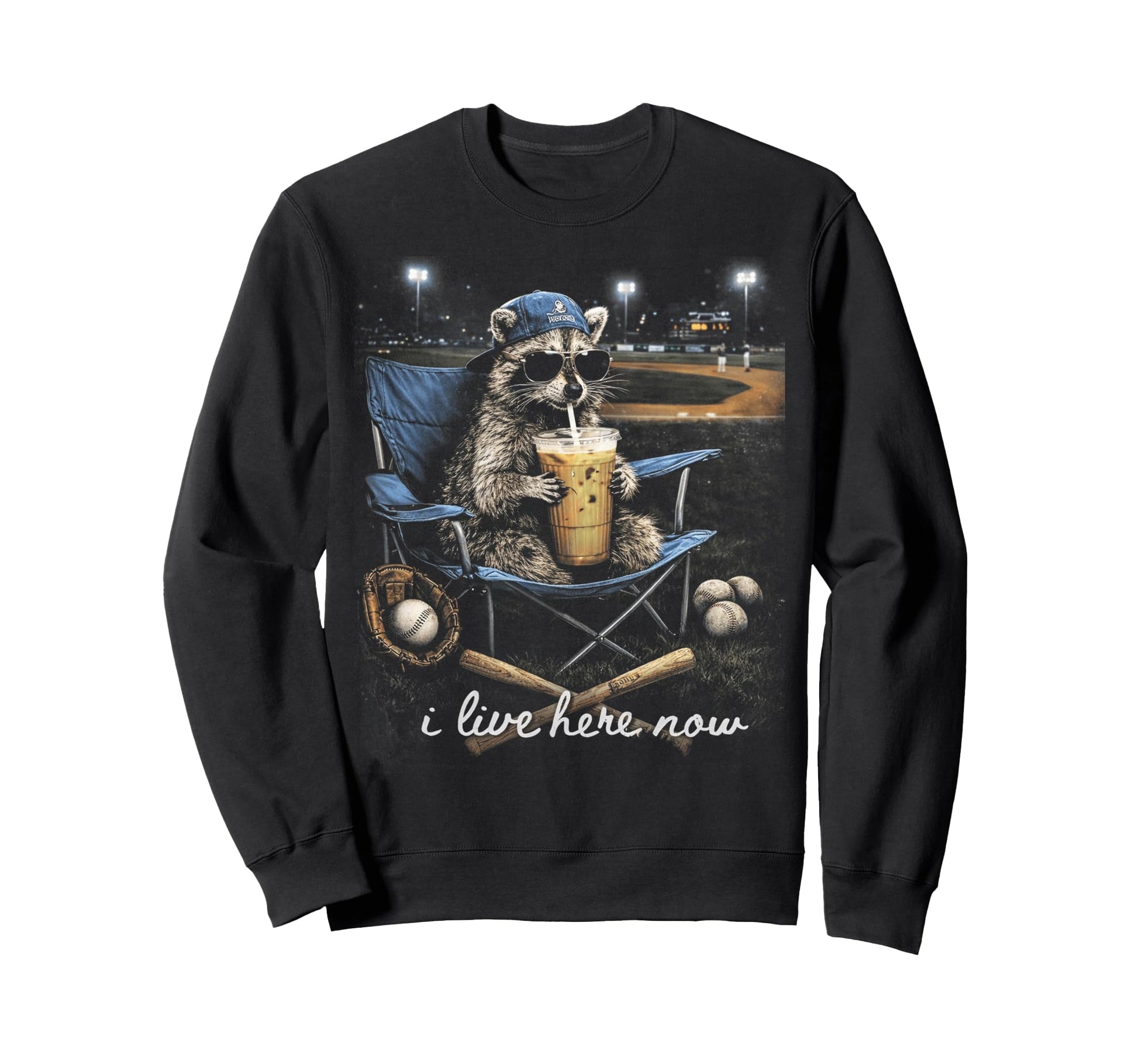 Funny Raccoon Baseball Iced Coffee Sweatshirt - Trendy Graphic for Adults - T-Shirt, Sweatshirt, Hoodie
