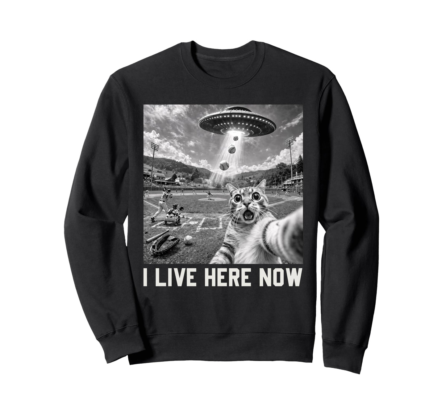 Cat Selfie Ufo Ballfield Baseball I Sweatshirt - Graphic Print for Adults - T-Shirt, Sweatshirt, Hoodie