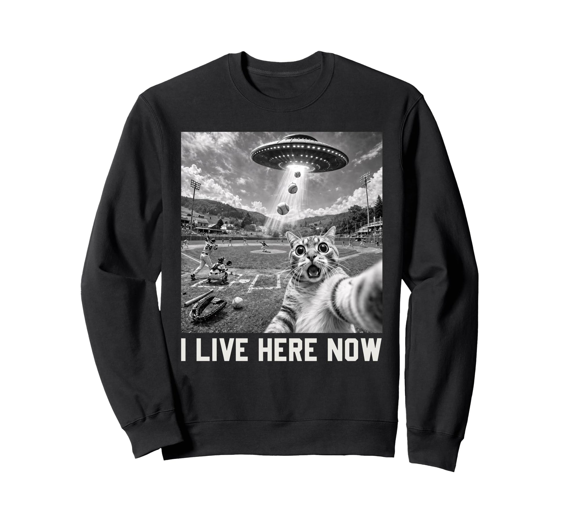 Cat Selfie Ufo Ballfield Baseball I Sweatshirt - Graphic Print for Adults - T-Shirt, Sweatshirt, Hoodie