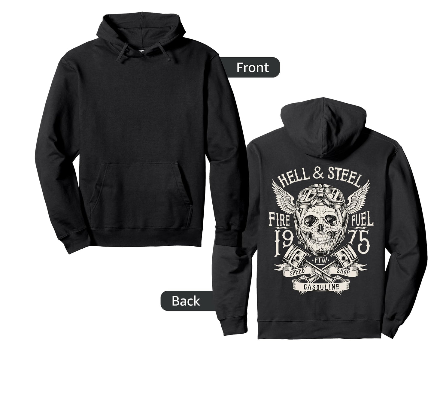 Hell And Steel Skull And Pistons Hoodie - Trendy Graphic Men Women - T-Shirt, Sweatshirt, Hoodie
