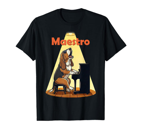 Basset Hound Dog Maestro Playing Piano T-Shirt - Unique Graphic Men Women - T-Shirt, Sweatshirt, Hoodie