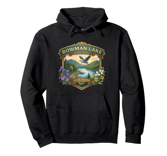Bowman Lake State Park New York Camping Hoodie - Trendy Graphic Unisex - T-Shirt, Sweatshirt, Hoodie