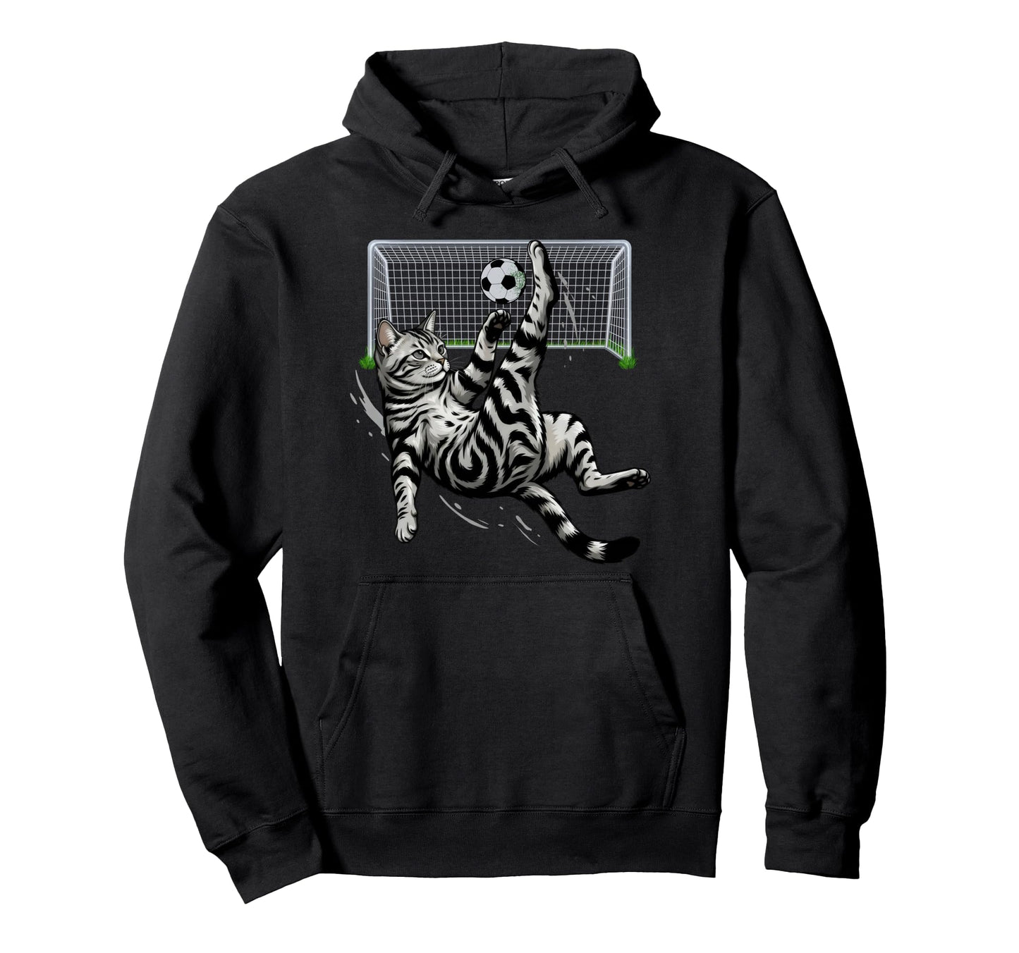 Funny Tabby Cat Soccer Bicycle Kick Hoodie - Minimalist Print for Adults - T-Shirt, Sweatshirt, Hoodie