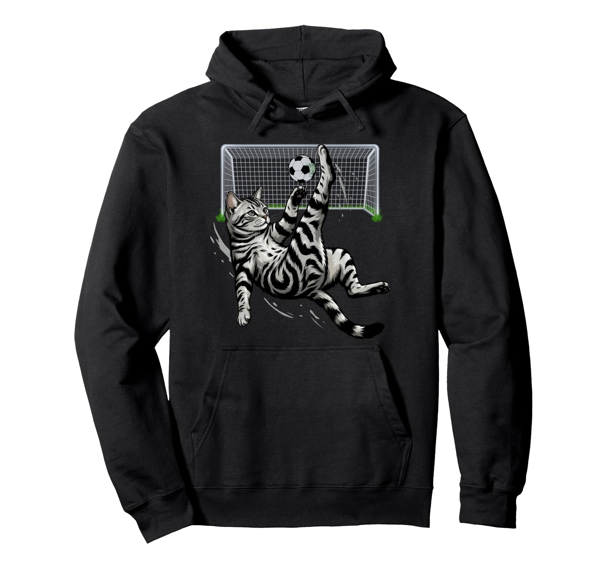 Funny Tabby Cat Soccer Bicycle Kick Hoodie - Minimalist Print for Adults - T-Shirt, Sweatshirt, Hoodie