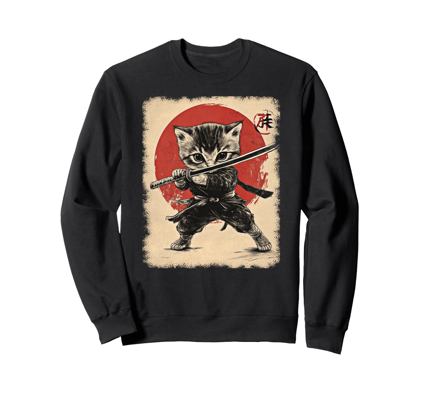 Japanese Samurai Kitten Kawaii Sweatshirt - Aesthetic Graphic Men Women - T-Shirt, Sweatshirt, Hoodie