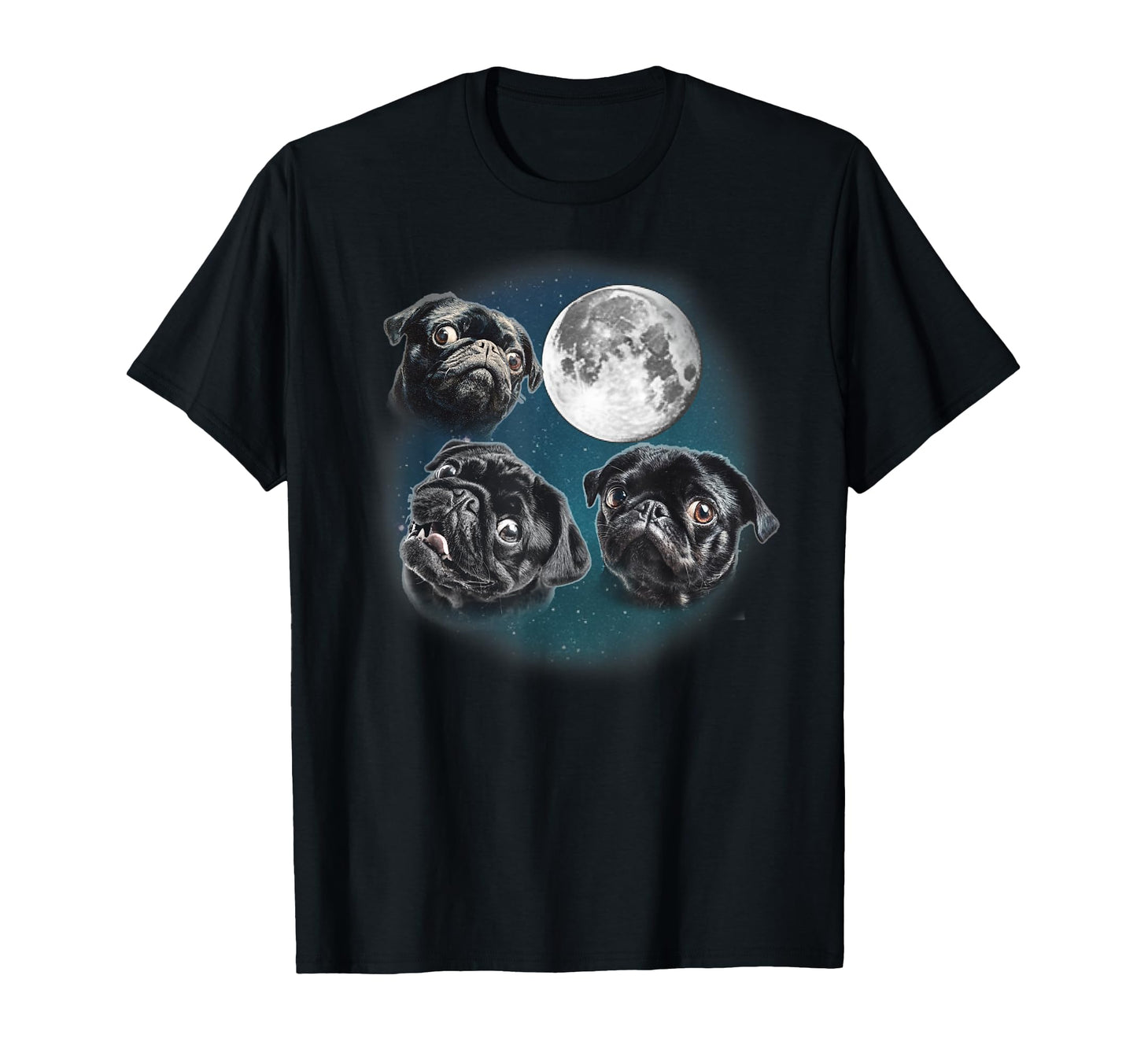 Funny Three 3 Moon Howling Black Pug T-Shirt - Graphic Print for Adults - T-Shirt, Sweatshirt, Hoodie
