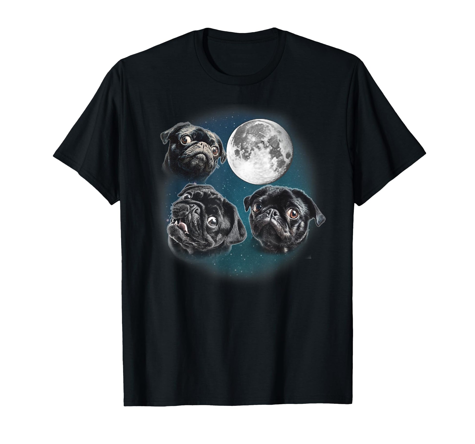 Funny Three 3 Moon Howling Black Pug T-Shirt - Graphic Print for Adults - T-Shirt, Sweatshirt, Hoodie