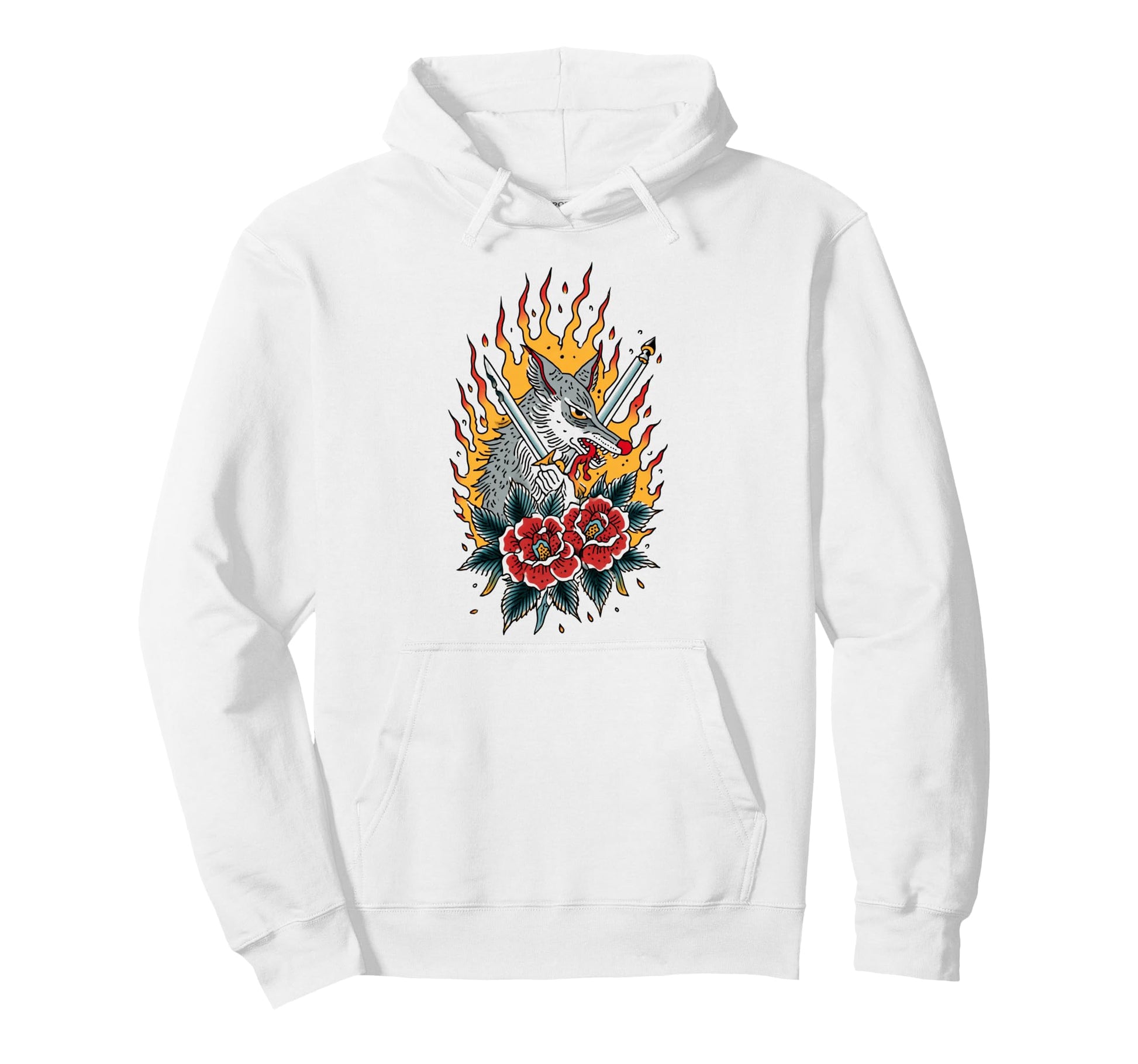 Wolf American Traditional Tattoo Art Hoodie - Casual Everyday Wear Unisex - T-Shirt, Sweatshirt, Hoodie