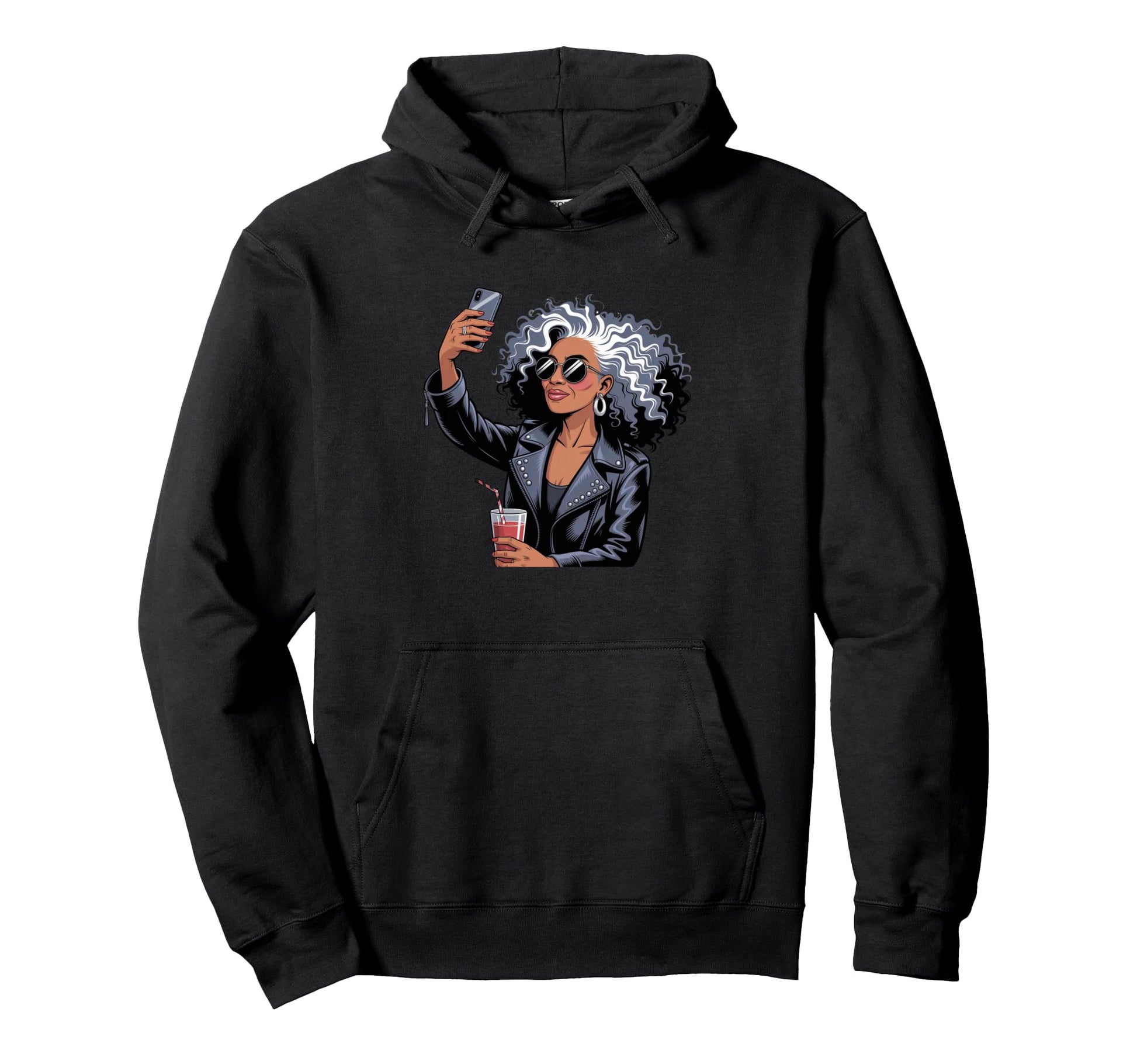 Sassy Silver Hair Older Selfie Pop Art Hoodie - Unique Graphic for Adults - T-Shirt, Sweatshirt, Hoodie