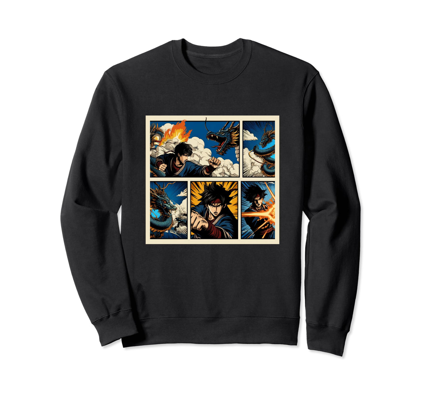 Japanese Fighters Battling Dragon Sweatshirt - Aesthetic Graphic Unisex - T-Shirt, Sweatshirt, Hoodie