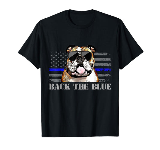 Bulldog Thin Blue Line American Flag T-Shirt - Fun Novelty Design Unisex - T-Shirt, Sweatshirt, Hoodie