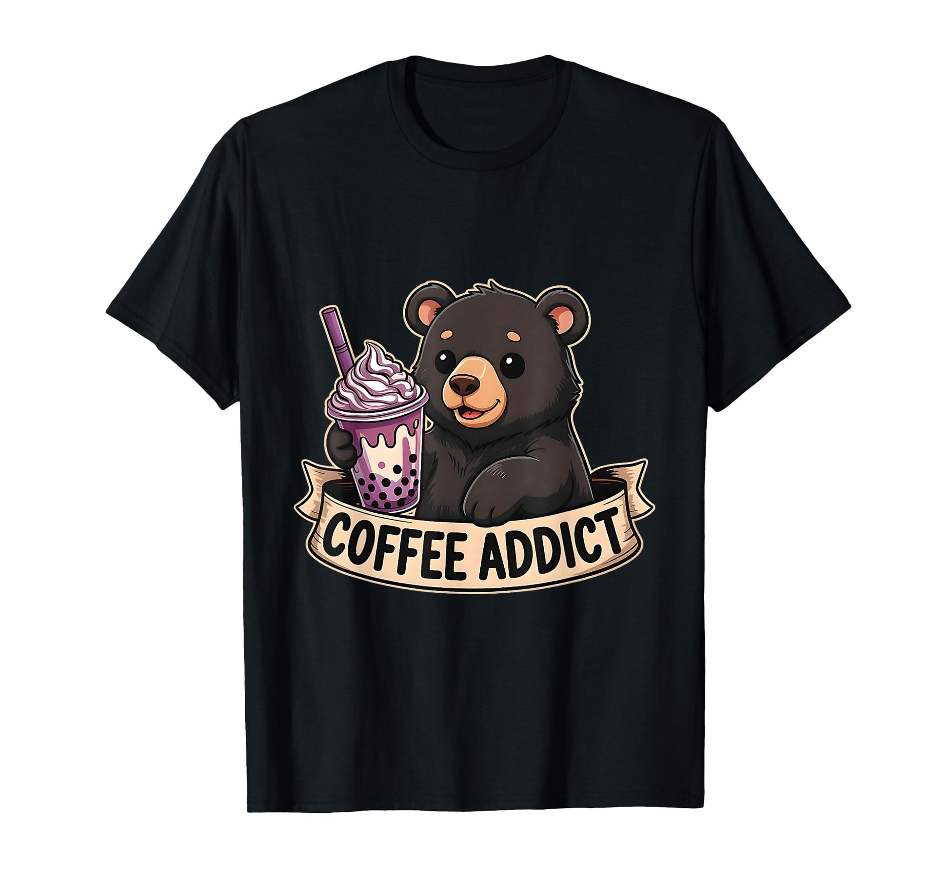Black Bear Boba Coffee Addict Camping T-Shirt - Unique Graphic for Adults - T-Shirt, Sweatshirt, Hoodie