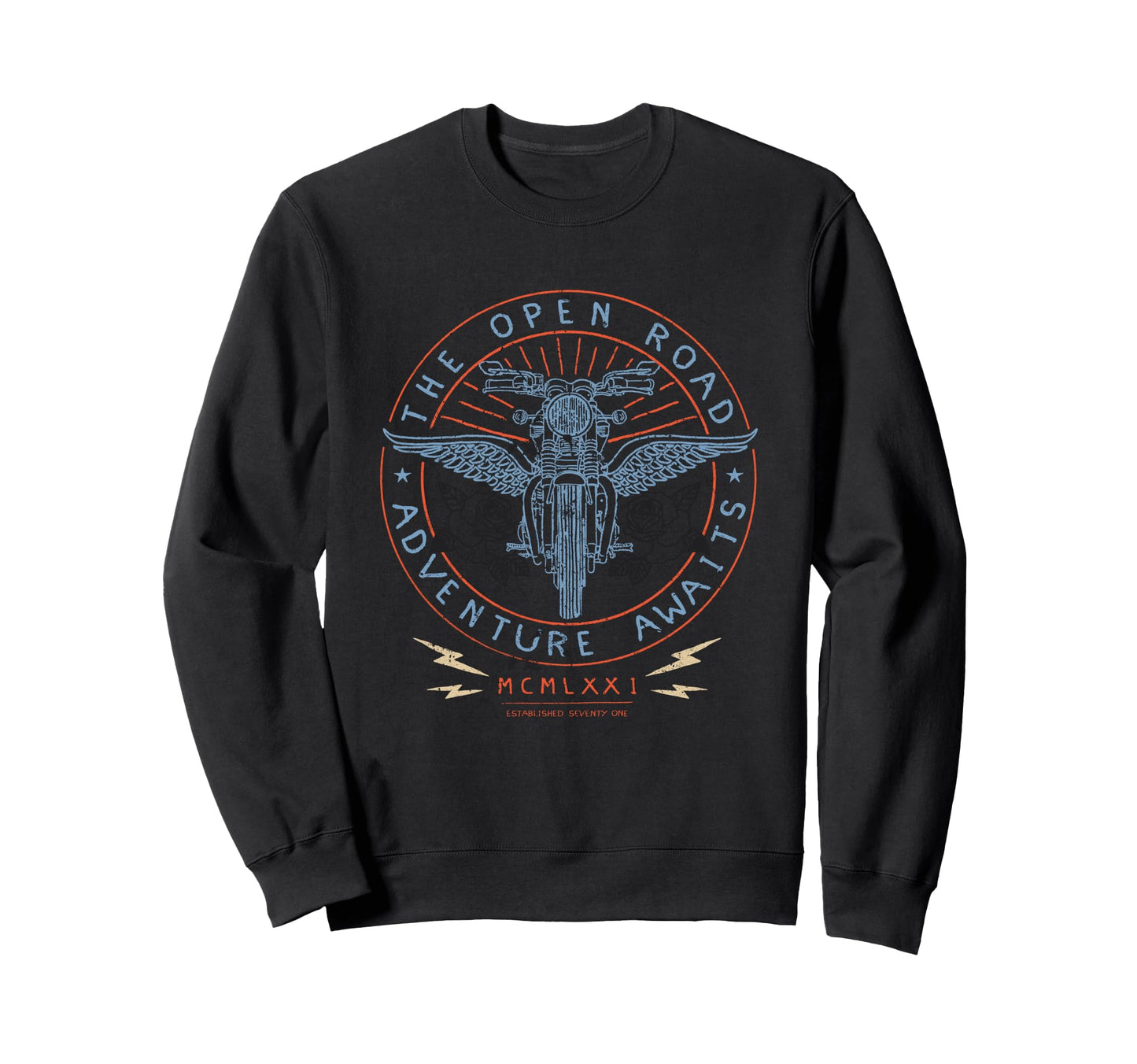 Adventure Awaits Motorcycle Sweatshirt - Aesthetic Graphic for Adults - T-Shirt, Sweatshirt, Hoodie