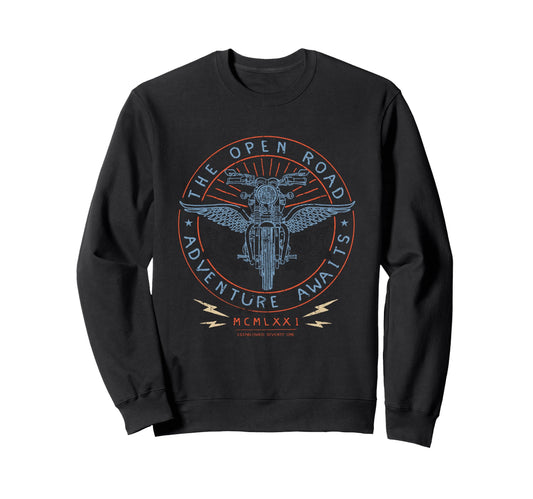 Adventure Awaits Motorcycle Sweatshirt - Aesthetic Graphic for Adults - T-Shirt, Sweatshirt, Hoodie