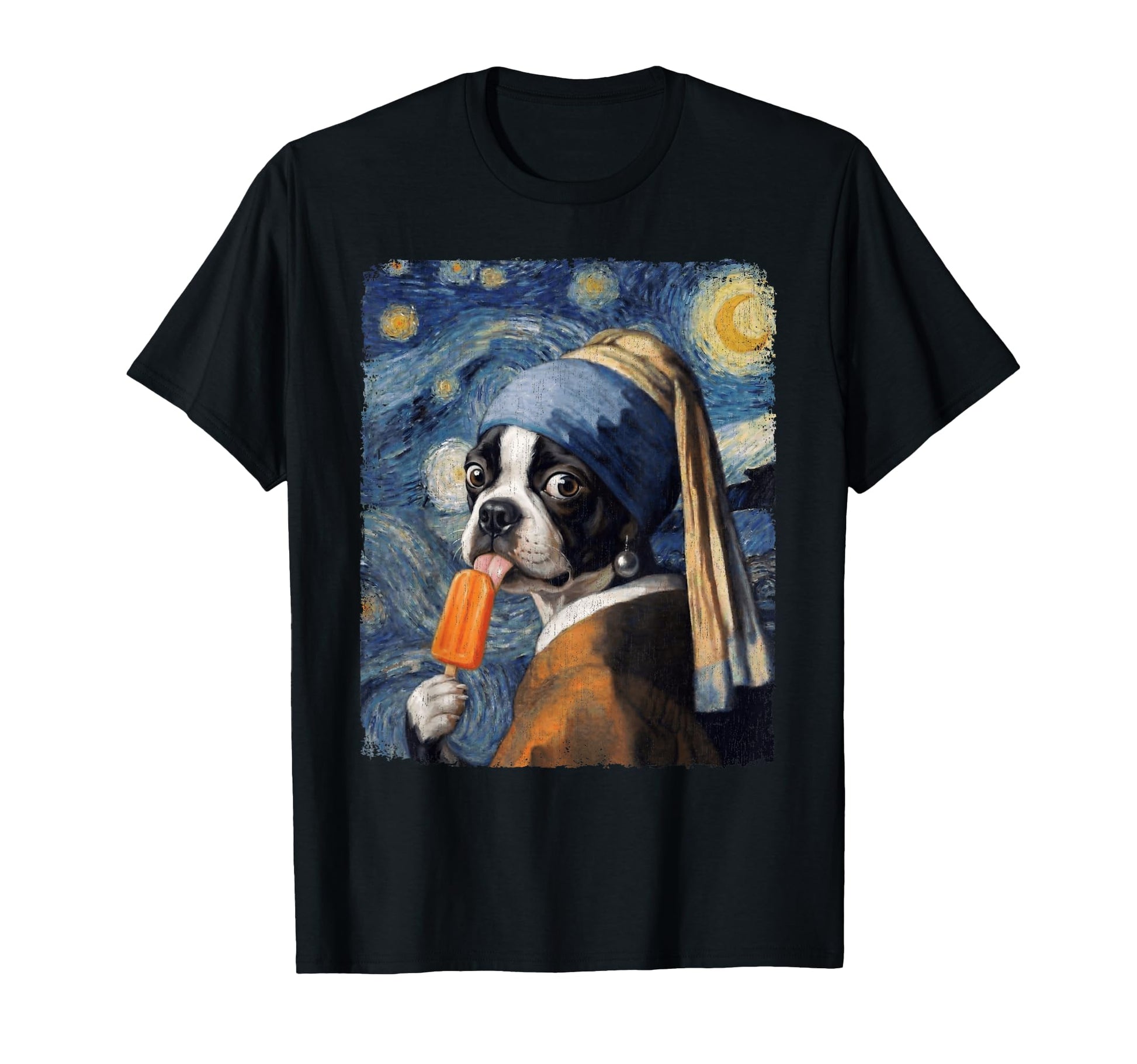 Boston Terrier Pearl Earring Starry T-Shirt - Custom Art Print Men Women - T-Shirt, Sweatshirt, Hoodie