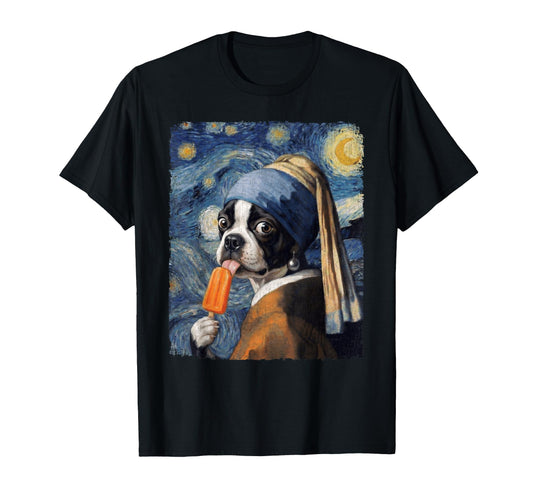 Boston Terrier Pearl Earring Starry T-Shirt - Custom Art Print Men Women - T-Shirt, Sweatshirt, Hoodie