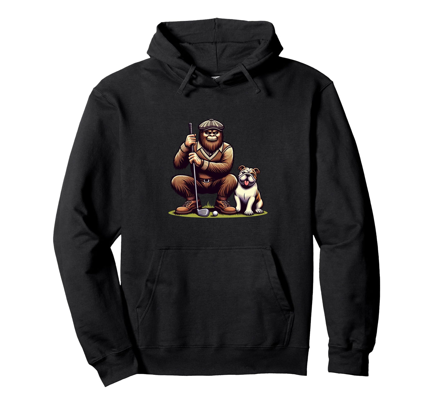 English Bulldog Bigfoot Sasquatch Golf Hoodie - Custom Art Print Unisex - T-Shirt, Sweatshirt, Hoodie